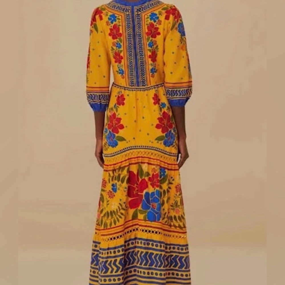 FARM Rio Yellow Floral Maxi Dress with Blue & Red Accents - Picture 2 of 16